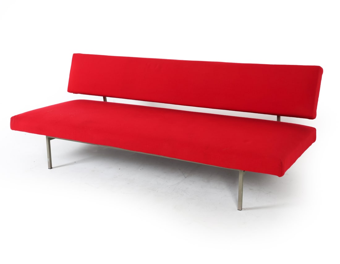 STYLE OF MARTIN VISSER DAYBED: Very similar to Martin Visser model 'BR-02'. Apparently without tags. Armless daybed sofa in red wool upholstery on a steel frame. Seat can be adjusted into two positions. Dimensions: H 26.5" x W 75"