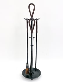 IRON & LEATHER HANDLE FIREPLACE TOOL SET