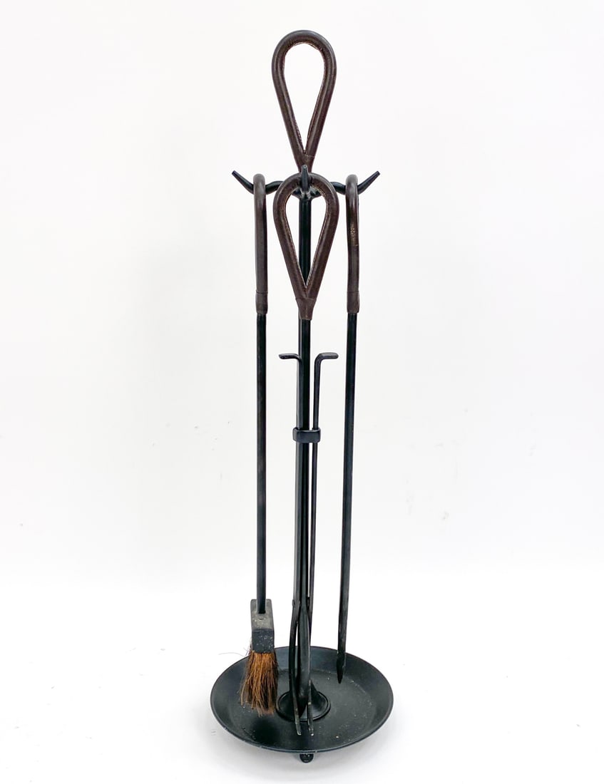 IRON & LEATHER HANDLE FIREPLACE TOOL SET (1 of 10)