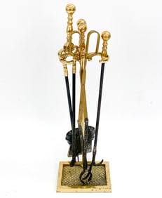 MID-CENTURY BRASS & IRON FIREPLACE TOOLS