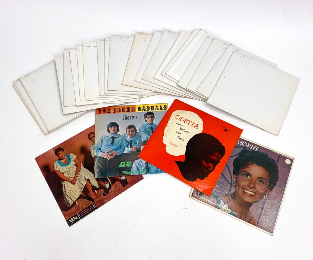 TEST PROCESSING LPS: Grouping of studio test processing vinyl LPs. Includes test audio's from John Blair, Lena Horne, Odetta, The Young Rascals, Ella and Louis, etc. Includes (29) total. Hand written notes on each. Condit
