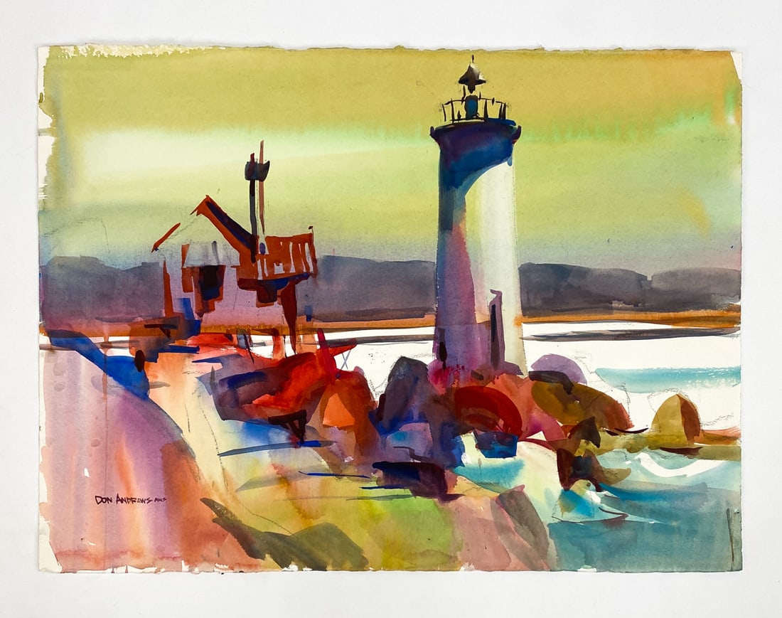 DON ANDREWS WATERCOLOR ON PAPER: Watercolor of a lighthouse and harbor. Signed lower left. Dimensions: L 30" x W 22.25" Condition: Uneven edges. Light surface and handling wear.