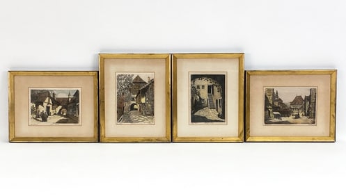 HANS LEISCH COLORED STREET SCENE ETCHINGS ON SILK