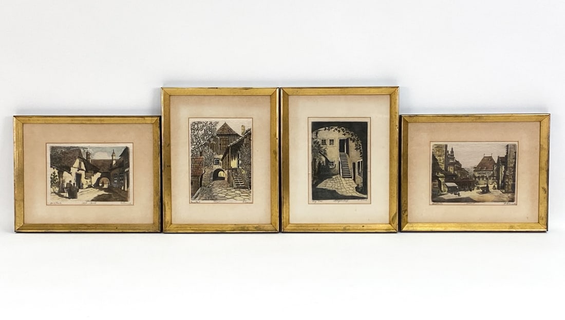 HANS LEISCH COLORED STREET SCENE ETCHINGS ON SILK (1 of 15)