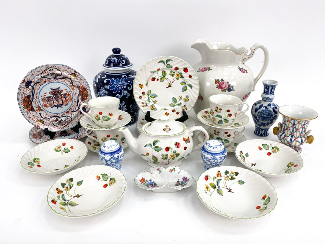 GROUPING OF PORCELAIN: Various brands. Includes 17 pcs James Kent staffordshire porcelain with, 4 cups, 4 dishes, 4 saucers and 4 bowls with 1 kettle. Pair of blue and white salt shakers, a pitcher and more. Dimensions: (Pi