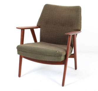 KURT OLSEN FOR SLAGELSE TEAK LOUNGE CHAIR: Teak frame with green wool upholstery. Model 230. Tag and stamp to stretcher bar. Denmark, circa 1960s. Dimensions: H 33.5" x W 27.5" x D 24" x SH 17". Condition: Some degradation to stuffing in cushi