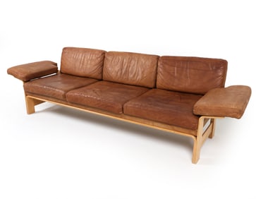 YNGVE EKSTROM BEECH & LEATHER SOFA C. 1970S