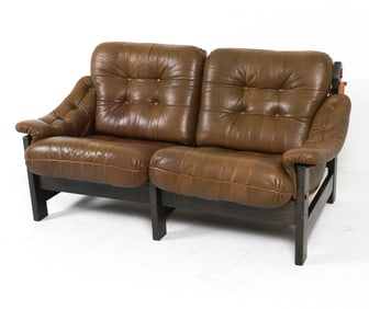 SCANDINAVIAN TUFTED LEATHER LOVE SEAT SOFA 1970S