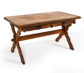 KJAERNULF STYLE DANISH OAK TRESTLE TABLE C. 1970S