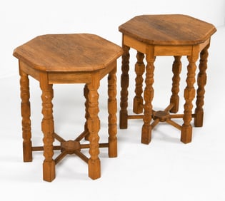 PAIR MID-CENTURY DANISH CARVED OAK END TABLES
