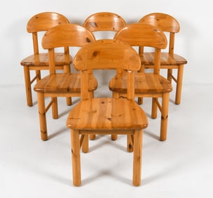 (6) DAUMILLER STYLE PINE DINING CHAIRS C. 1970S