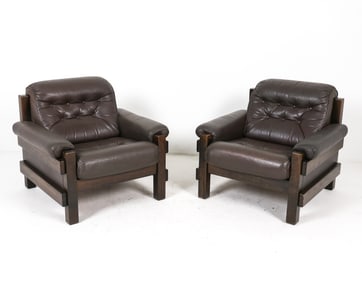 PAIR SCANDINAVIAN BEECH & LEATHER LOUNGE CHAIRS
