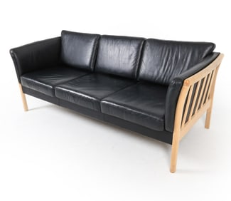 DANISH OAK & LEATHER THREE SEAT SOFA C. 1970S