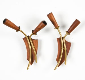 PAIR OF DANISH TEAK & BRASS WALL SCONCES C. 1960S