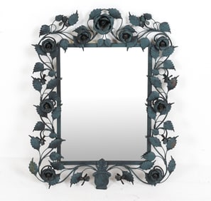 WROUGHT IRON MIRROR W/ LEAF & FLOWER MOTIF