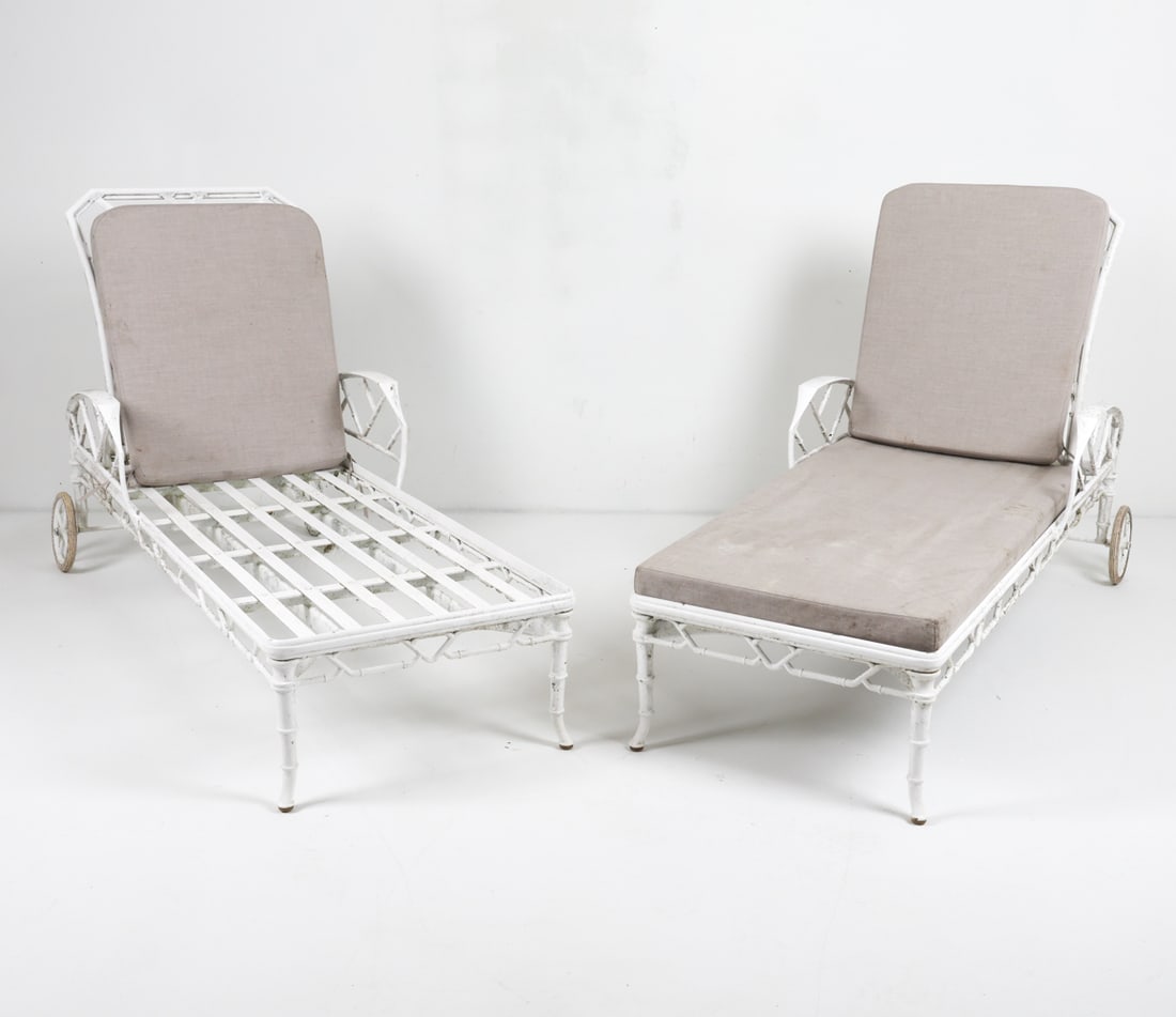 PAIR JORDAN BROWN CALCUTTA CHAISE LOUNGES: Faux bamboo design in white. Dimensions: H 23" x W 28" x D 67" Condition: Moderate scuffs and marks to paint. Could use a cleaning, Wear consistent with age and use.