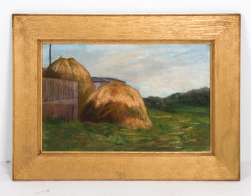 20TH C HAYSTACKS LANDSCAPE O/C PAINTING