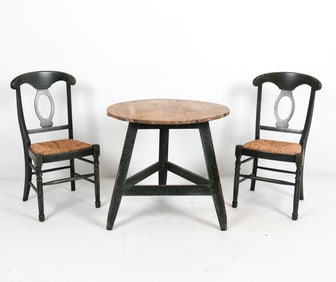 PINE SIDE TABLE AND (2) CHAIRS