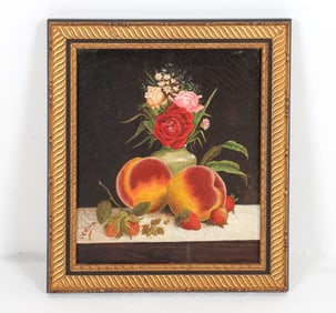 STILL LIFE PAINTING OF PEACHES & FLOWERS O/C