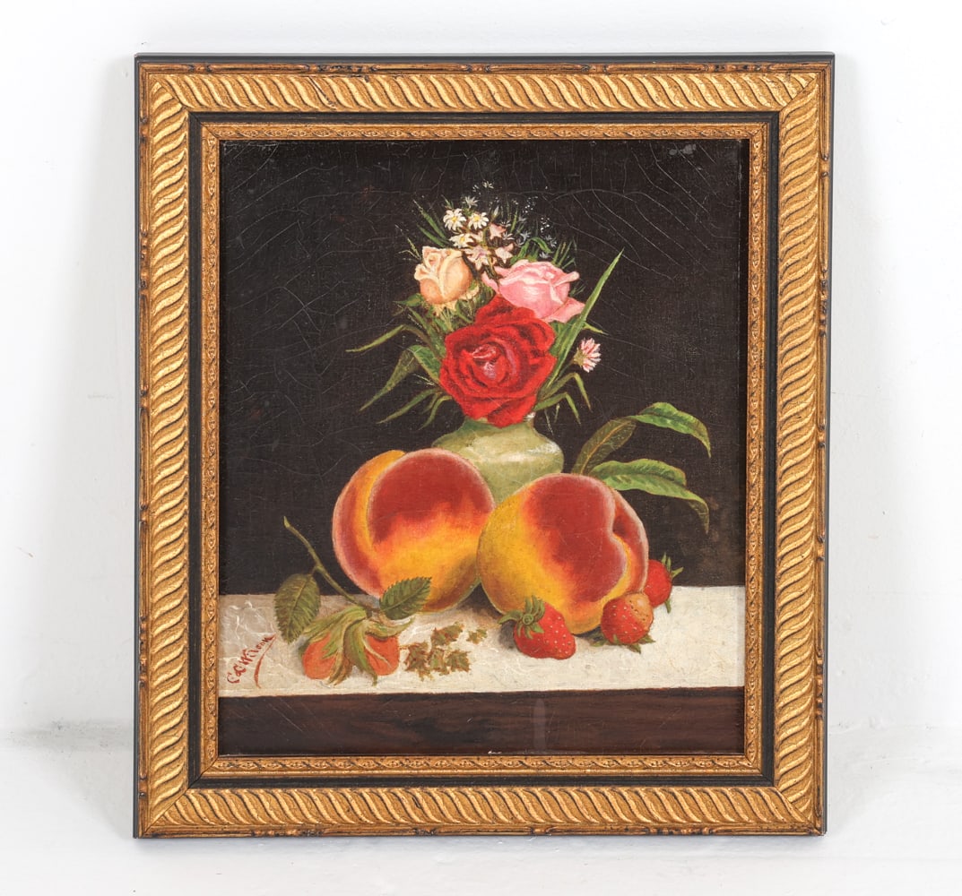 STILL LIFE PAINTING OF PEACHES & FLOWERS O/C (1 of 9)