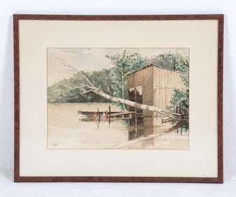 J. W. S. MISSISSIPPI BAJOU WATERCOLOR LANDSCAPE