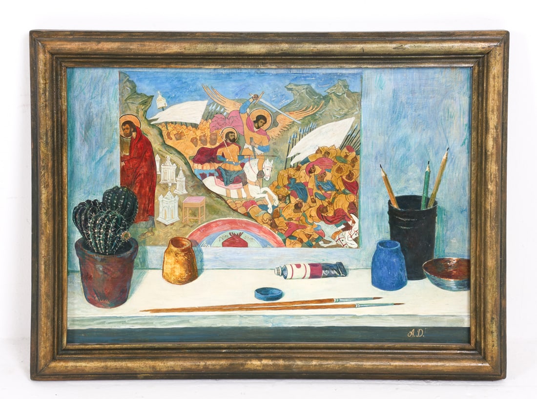 RUSSIAN STILL LIFE PAINTING O/B 20TH C.: Signed A.D. in lower right corner, information on back. Dated 1985. Dimensions: Frame H 17" x W 23". Board H 14" x W 20". Condition: Minor scuffs to frame and board. Wear consistent with age and use.