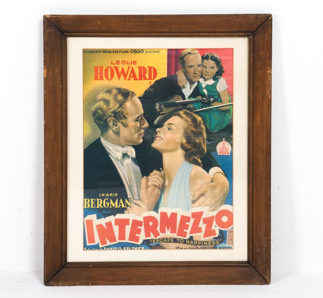 INTERMEZZO BELGIUM MOVIE POSTER: Dimensions: Frame: H 23.5" x W 19.5" Sight: H 17.5" x W 13" Condition: Poster with creases and water marks lower right. Art slightly loose in frame. Frame with scratches and scuffs.