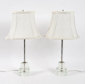 PAIR MID-CENTURY ECTHED GLASS TABLE LAMPS