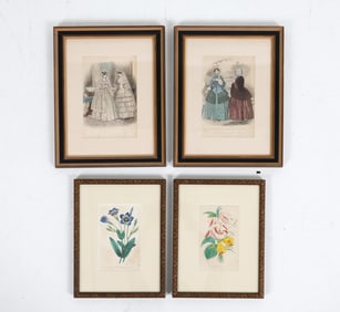 ANTIQUE BOTANICAL & FASHION PRINT GROUPING 19TH C.