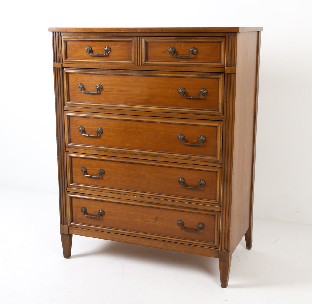 MT. AIRY LOUIS XVI STYLE TALLBOY DRESSER: Stamped to top drawer and backside. Dimensions: H 47.5" x W 37" x D 20" Condition: Scattered scuffs and nicks on edges. Wear consistent with age and use.