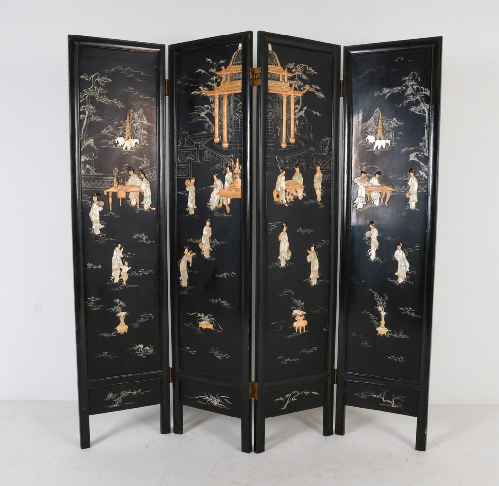 CHINESE LACQUERED FOLDING SCREEN 20TH C.: Hand painted designs. Carved stone and bone elements, mother of pearl inlay. Dimensions: H 72.25" x W 68". Folded W 17". Condition: Slight nicks, marks and rubbing on paint. Wear consistent with age a