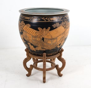LARGE BLACK & GOLD CHINESE PORCELAIN PLANTER