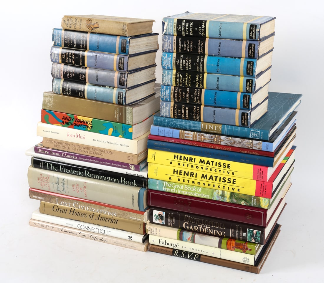 LARGE COFFEE TABLE BOOK & NOVEL GROUPING: Includes topics such as interior design, history, travel, and more. Some vintage editions. Condition: Varying minor signs of wear to dust jackets. Minor surface soiling to page ends. Wear consistent w