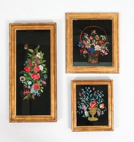 VINTAGE REVERSE GLASS FLOWER PAINTINGS