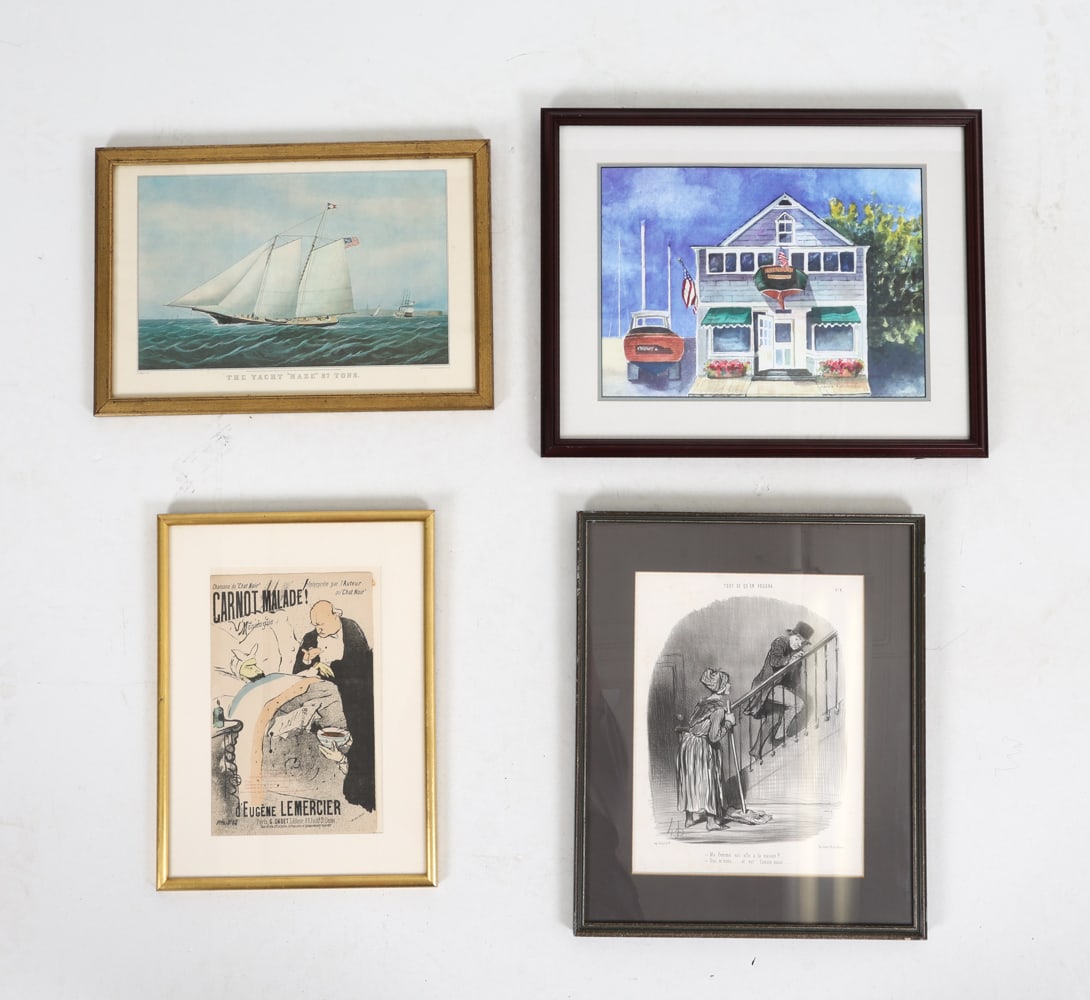 GROUPING OF PRINTS: Prints of Toulouse-Lautrec Carnot Malade. The Yacht 'Haze' 87 Tons by Curreier & Ives, Tout Ce'on voudra, and a landscape print marked Sandra Aldrich. Dimensions:(largest frame) H 15" x W 19" (sight) 