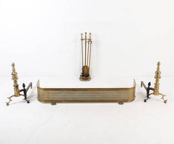 BRASS ANDIRONS, FIRETOOLS, & FENDER