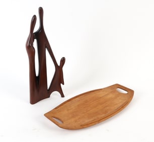 CARVED WOODEN SCULPTURE & DANSK TEAK TRAY