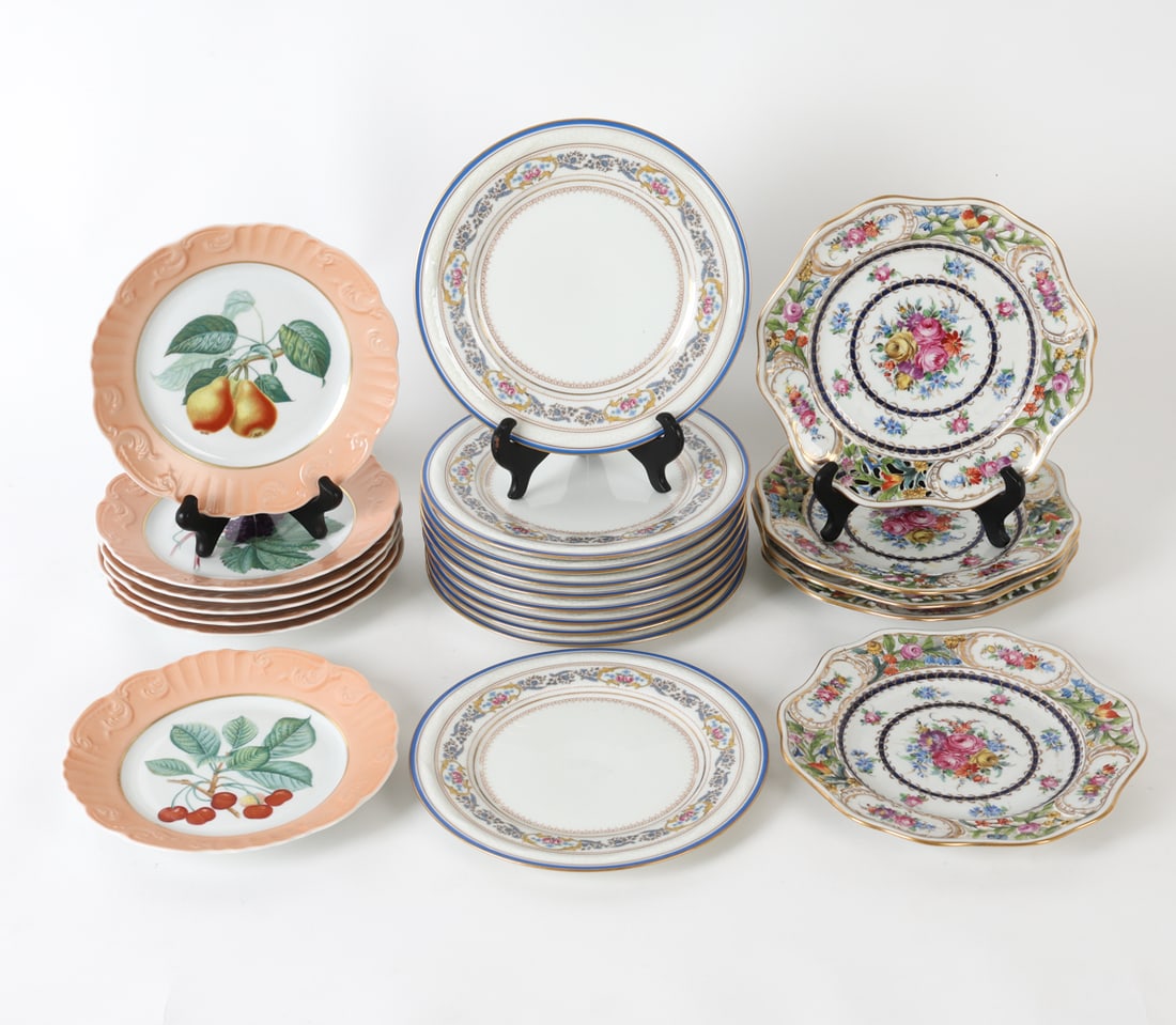 VINTAGE PORCELAIN GROUPING: All stamped. 10 Limoges dishes. 5 dishes marked Dresden Burley & co. and 7 Mottahedeh dishes. Dimensions (largest) Dia 9" Condition: Minor rubbing and loss to gilt rims. Slight nicks on edges. Present