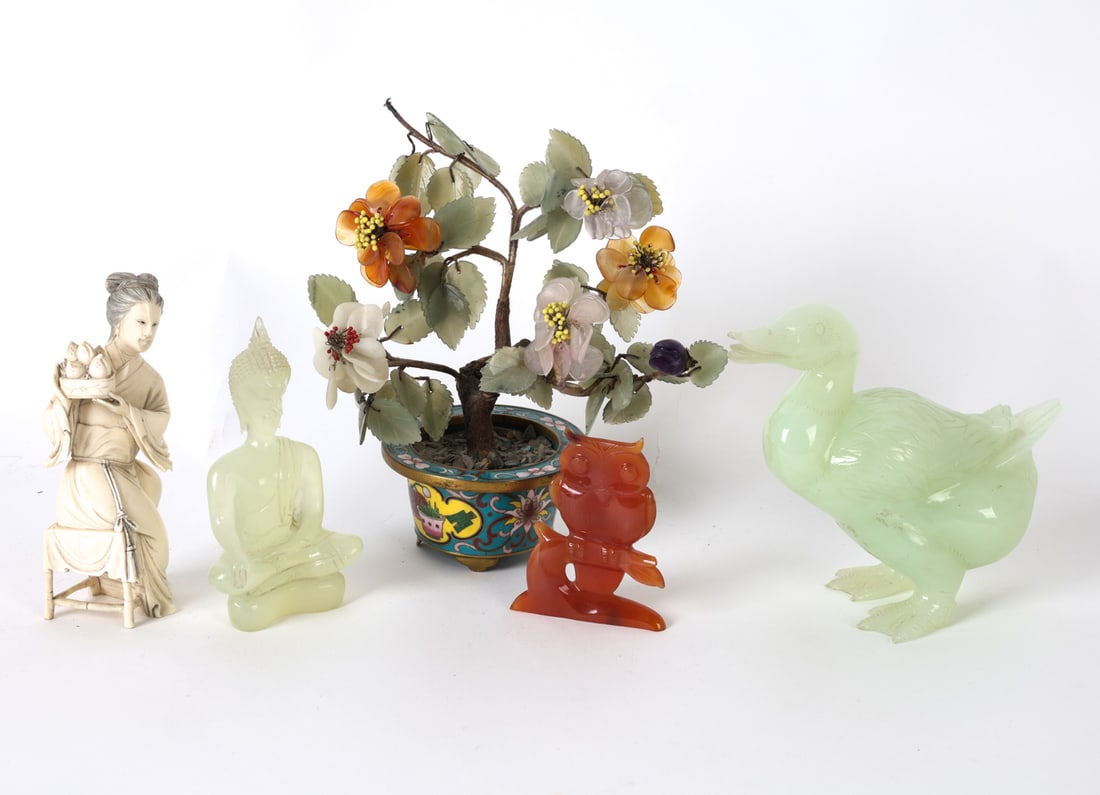 CHINESE CARVED DECORATIVE GROUPING: With carved stone figures. Carved bone figure and stone crafted tree in cloissonne pot. Dimensions: (Largest) H 7.5" x W 6" x D 4" Condition: Slight scuffs and nicks to stone. Wear consistent with age