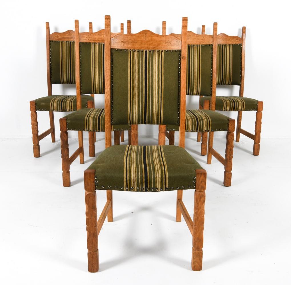 (6) HENNING KJAERNULF DANISH OAK DINING CHAIRS: Oak frames with wool upholstery. Brass tacks accents. Denmark, circa 1970s. Dimensions: H 41" x W 15.5" x D 18.25" x SH 17.25". Condition: Few faint discolored spots to wool. Wear consistent with age