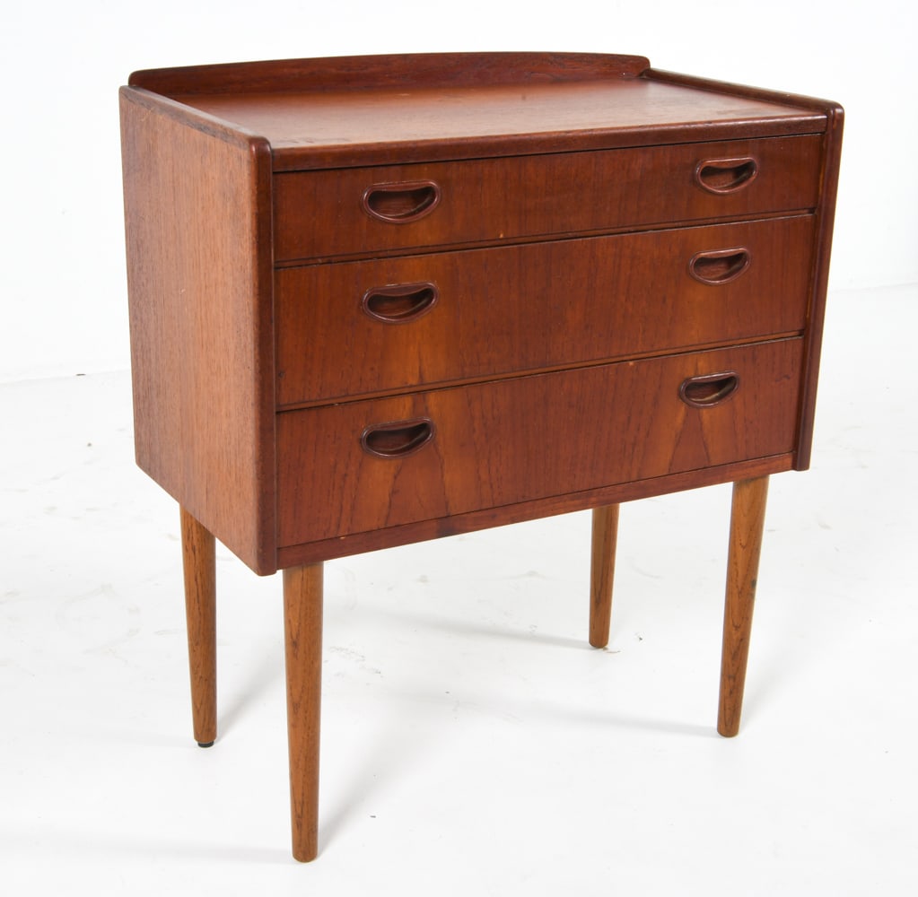 DANISH TEAK DIMINUTIVE CHEST C. 1960S: Dimensions: H 25.25" x W 23.5" x D 12". Condition: Minor scuffs and dings. Thin surface scratches. Wear consistent with age and use. JBN 081