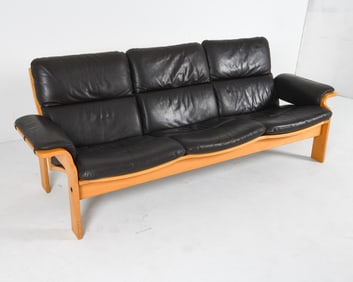 GERMAN BEECH & BLACK LEATHER SOFA C. 1970S