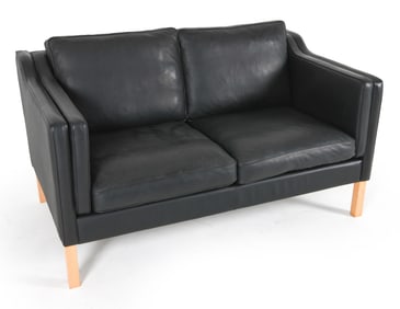 STOUBY DANISH BLACK LEATHER LOVESEAT SOFA