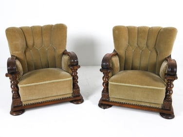 PAIR ART DECO DANISH OAK & MOHAIR LOUNGE CHAIRS