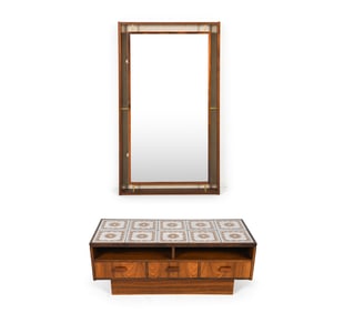 SWEDISH ROSEWOOD & TILE LOW CHEST W/ MIRROR