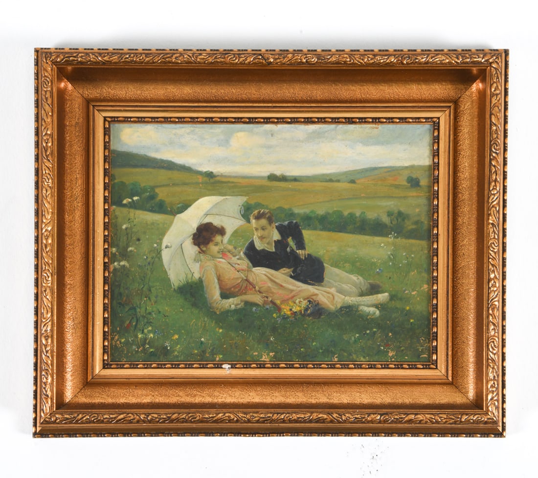 PETER BUSCH (1861-1942) LANDSCAPE W/ FIGURES: Denmark. Landscape painting with two reclined figures in the foreground. Oil on board. Signed on back. Dimensions: Frame H 18.5" x W 22.25" . Board H 12.25" x W 16". Condition: No issues to note. JBN