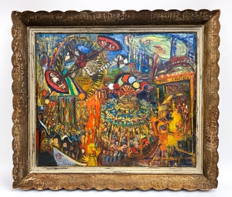 CARNIVAL VIEW C. 1940S O/B PAINTING