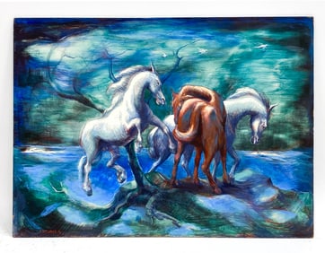 ALLAN HUGH CLARKE CASEIN PAINTING OF HORSES