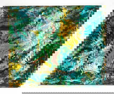 SEYMOUR FRANKS (1916-1981) ABSTRACT O/C: Circa 1950s abstract, signed lower left. NYC gallery label on stretcher. Canvas: H 37" x W 44" Condition: Tears and fraying to canvas edges. Light marks in canvas. Wear consistent with age and use.