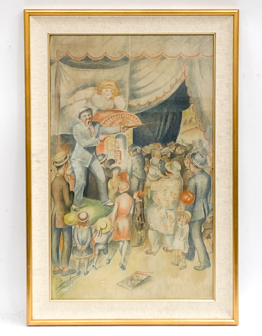 C.1920S COLOR PENCIL CIRCUS BARKER DRAWING SIGNED (1 of 5)